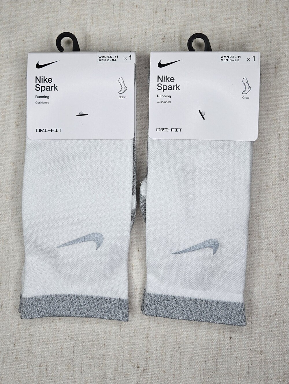 2-Pack Nike Spark Cushioned Running Crew Socks White M 8-9.5 W 9.5-11